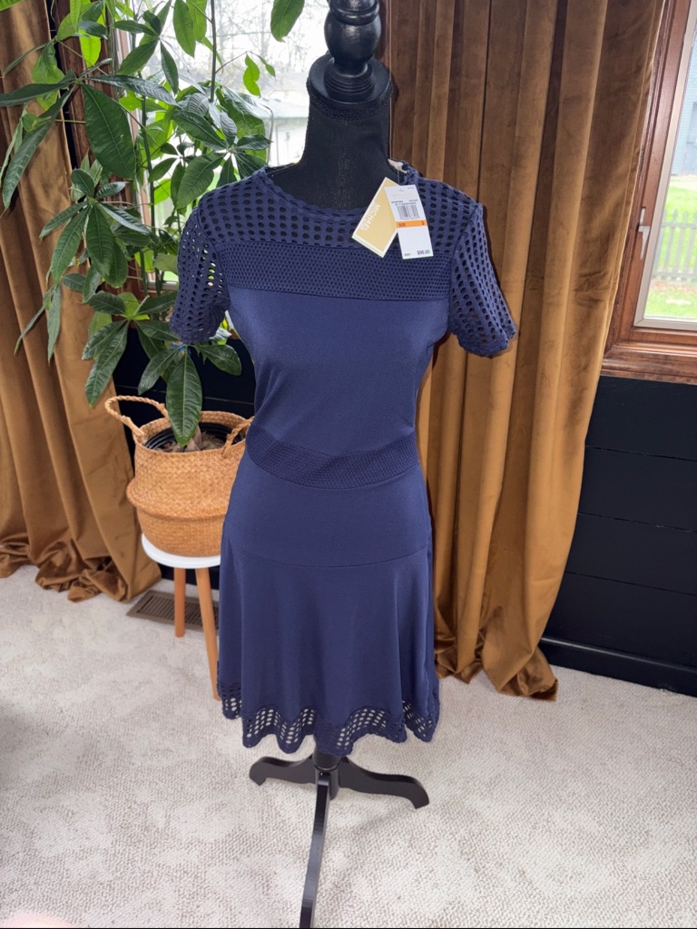 MICHAEL Michael Kors Navy Blue Eyelet-Detail Midi Dress - Picture 3 of 7